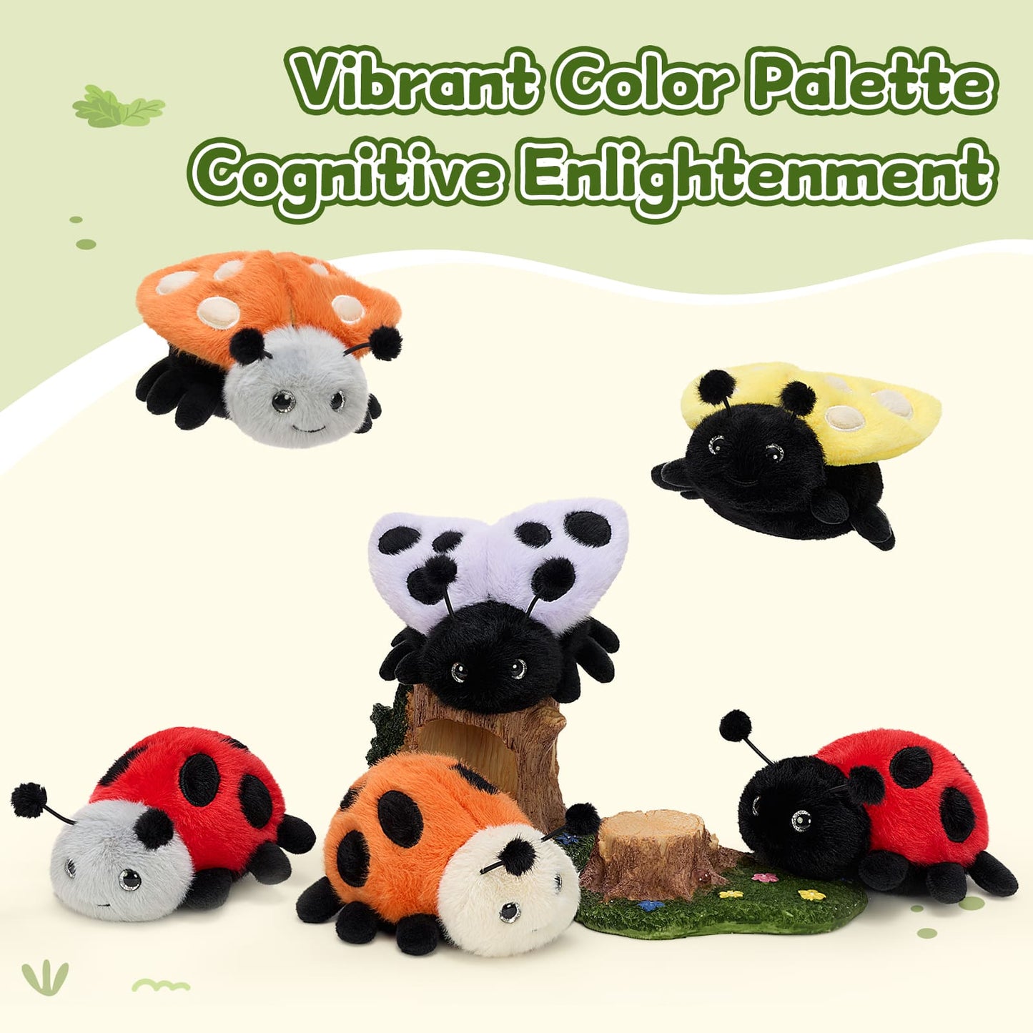 Six piece ladybug plush toy collection soft cuddly stuffed animals vibrant colors for kids gift and room decor