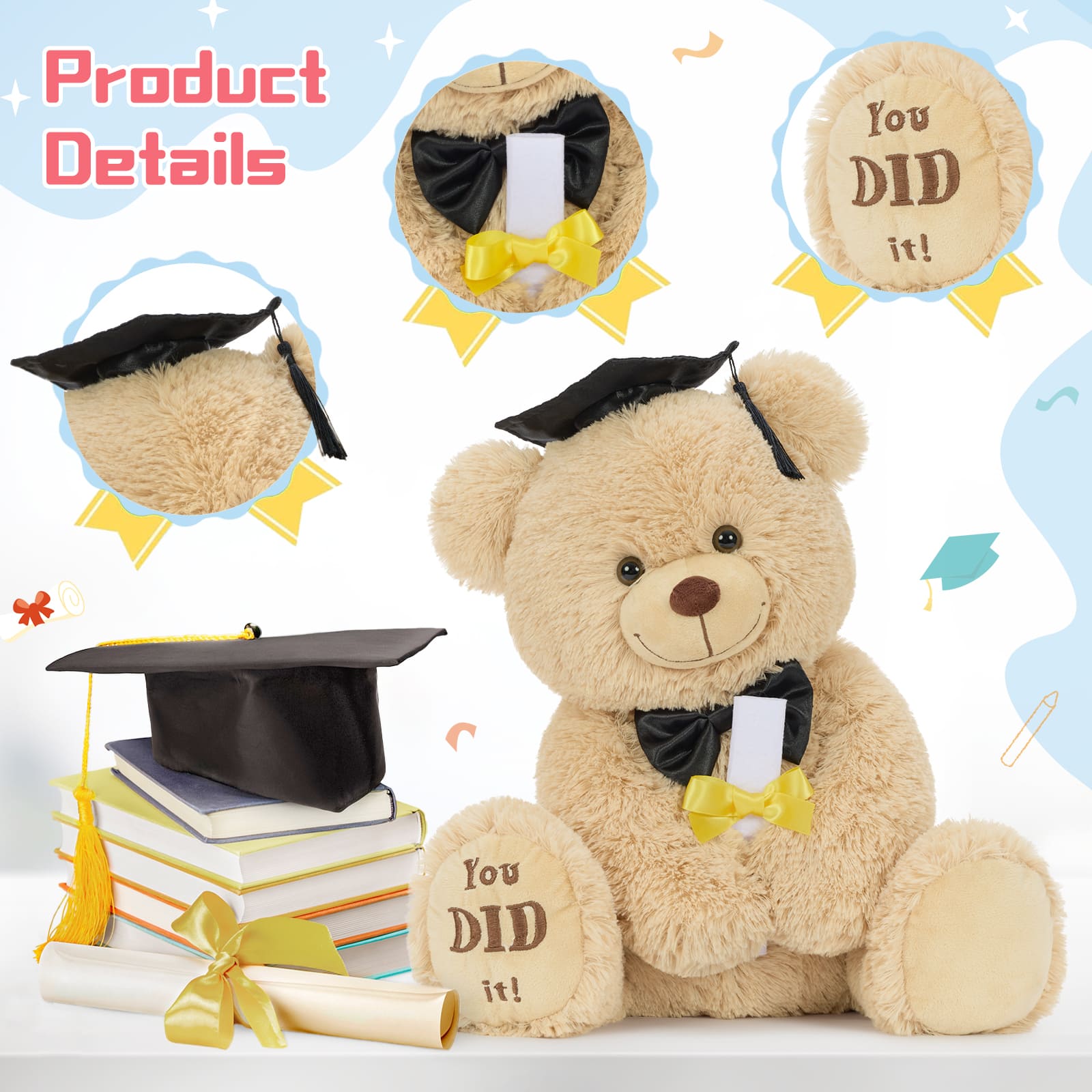 Graduation Teddy Bear Plush with Cap & Diploma – Cute Congrats Gift Soft Stuffed Animal