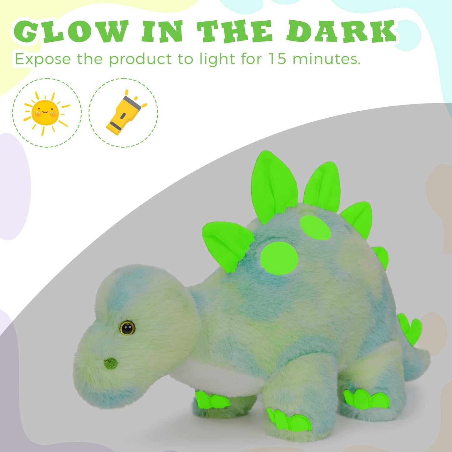 MorisMos Dinosaur Stuffed Animal, Dinosaur Plush Toys for Girls, Cute Dino Plushies, Mommy Dinosaurs,3 Baby & 2 Eggs Gifts Kids Boys Christmas Easter Birthday Children's Day (Night-Glowing Stegosaurus)