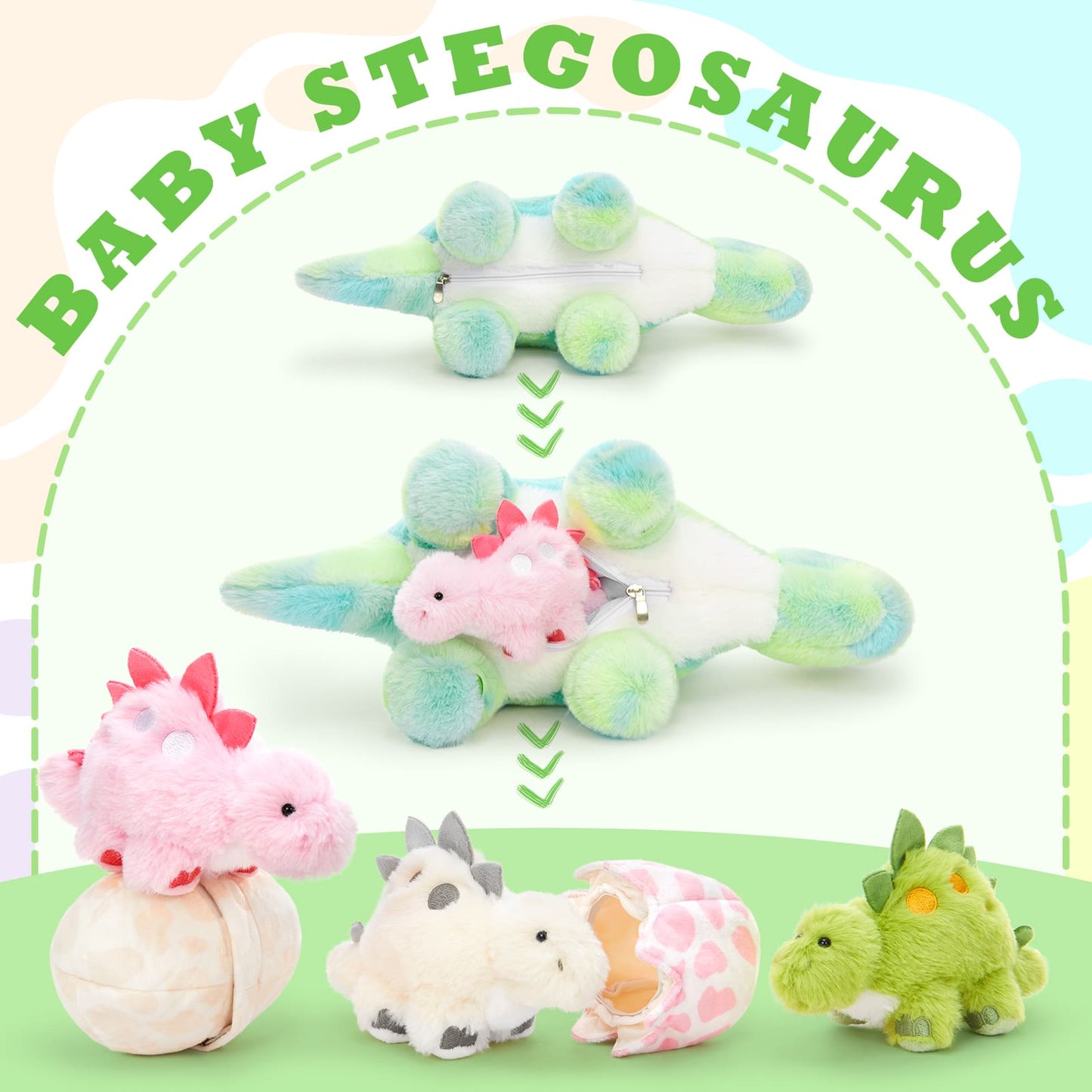MorisMos Dinosaur Stuffed Animal, Dinosaur Plush Toys for Girls, Cute Dino Plushies, Mommy Dinosaurs,3 Baby & 2 Eggs Gifts Kids Boys Christmas Easter Birthday Children's Day (Night-Glowing Stegosaurus)