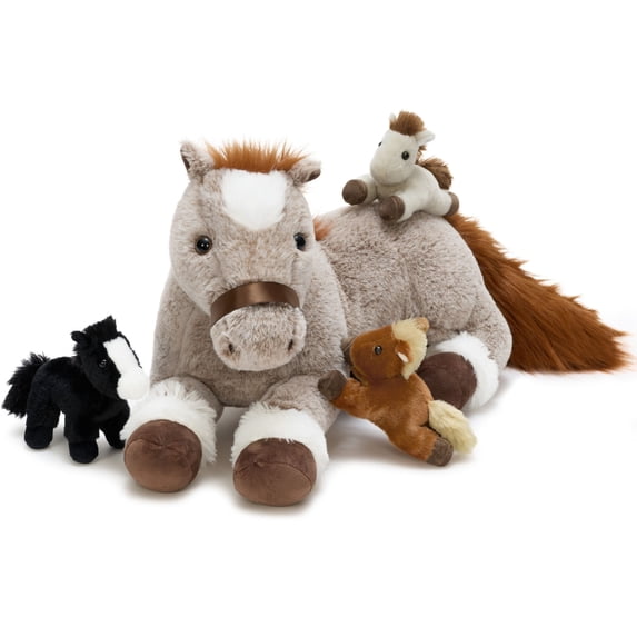 Tezituor 4Pcs Large Horse Stuffed Animal 17.7" Mommy Stuffed Horse's Belly Holds 3 Ponies Plush Toy