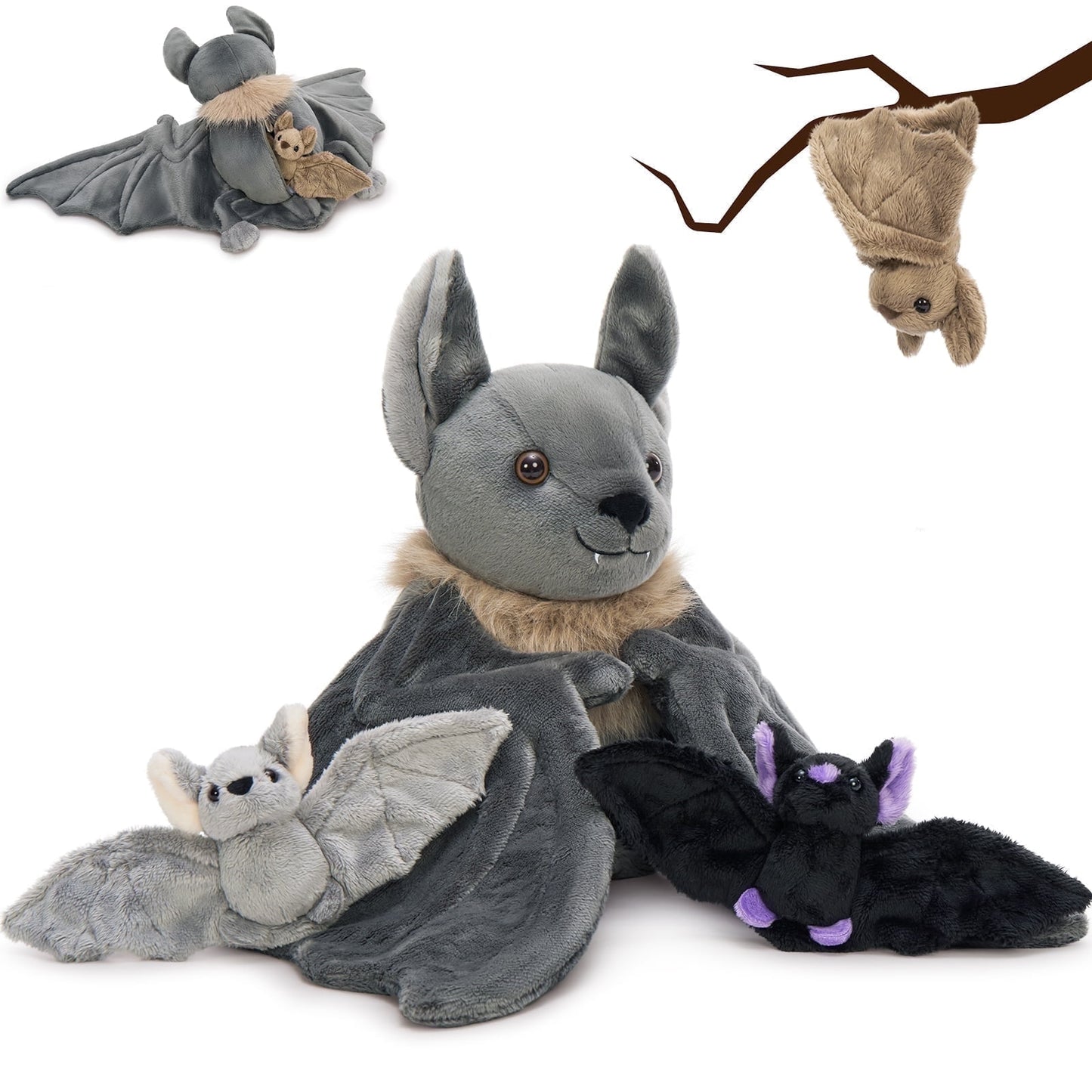 MorisMos 4Pcs Realistic Goth Bat Stuffed Animals Set, Large Mommy Stuffed Bat with 3 Cute Babies Plush Toys