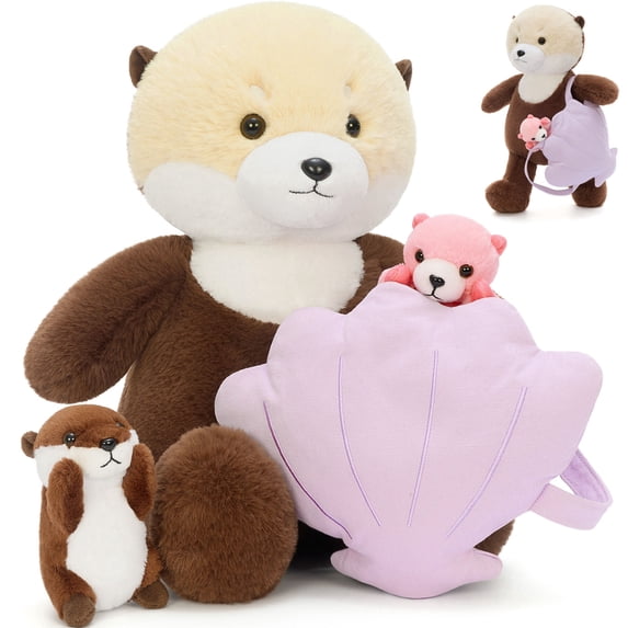 Tezituor 4Pcs Sea Otter Stuffed Animal with 2 Baby Otter and 1 Shell Backpack Plush