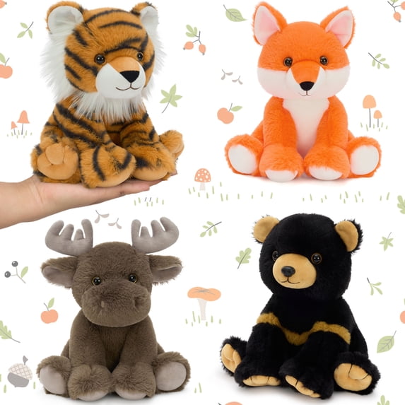 Tezituor 4 Pcs Jungle Animals Toy Set Woodland Stuffed Animals Including Foxes, Moose, Tigers, Black Bear Toy