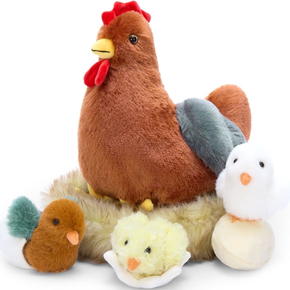 Tezituor 7Pcs Chicken Stuffed Animals 14.17'' Stuffed Hen with Baby Chicks, Eggs, and Nest House Plush Farm Stuffed Animals