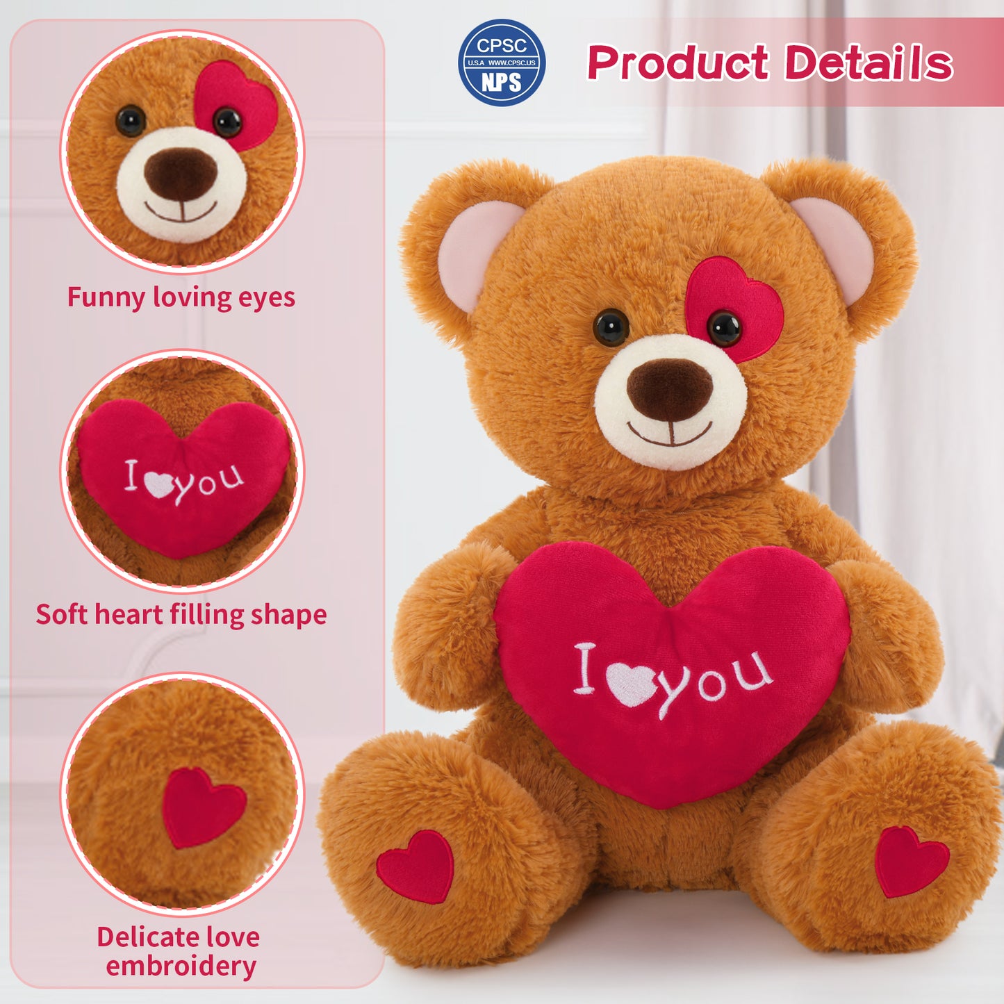 Valentine's Day Teddy Bear Stuffed Animals - Big 19 Inches Brown Teddy Bear Plush Toys with ' I Love You ' Heart- Valentine's Day Gift for Girlfriend/Boyfriend - Fluffly Cuddly Plushy Fluffy Toy - Cute Teddy Bear Plush Pillows for Kids - Christmas/Birthday Gift for Children/Teens/Adults - Romantic Anniversary Gift for Wife/Husband - Free Shipping