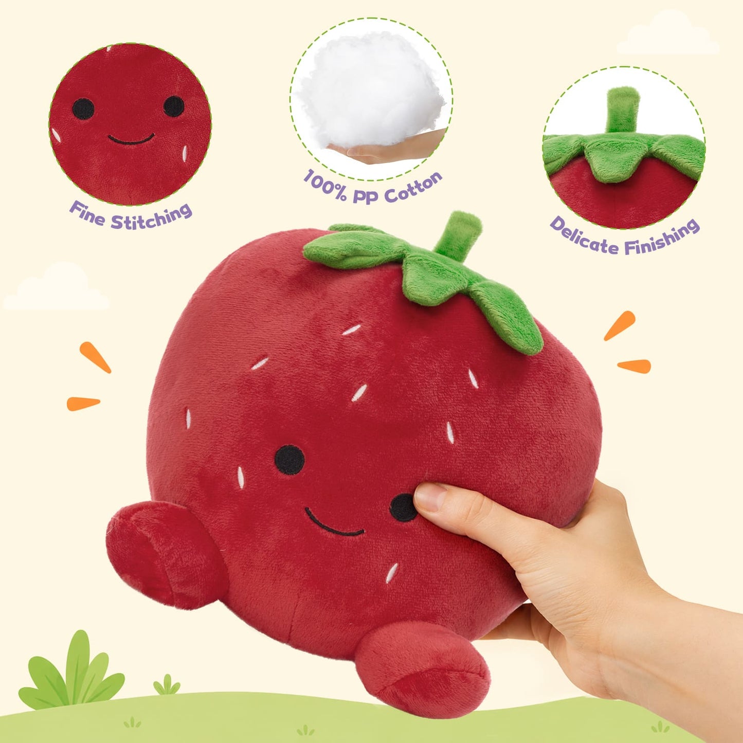 Adorable fruit plush pillow collection with smiling banana, watermelon, grape, strawberry, and orange characters, designed as soft huggable stuffed toys for kids, fruit lovers, preschool gifts, daycare toys, couch decor, nursery styling, and holiday presents.