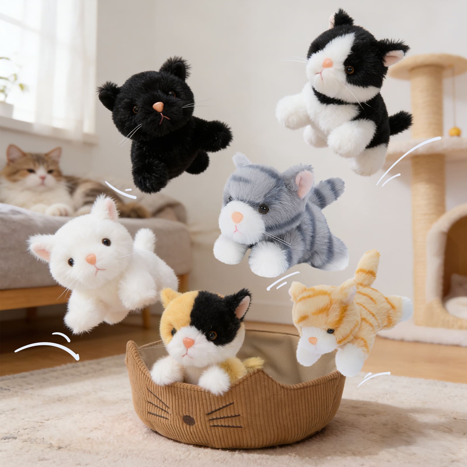 Adorable Cat Plush Set with Basket – Kitten Stuffed Animals Collection
