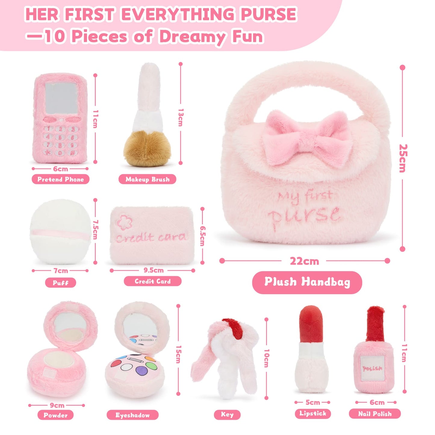My First Purse plush toy set for toddlers featuring a cute pink handbag with soft pretend makeup items, toy phone, mirror, lipstick, and accessories for girls pretend play.