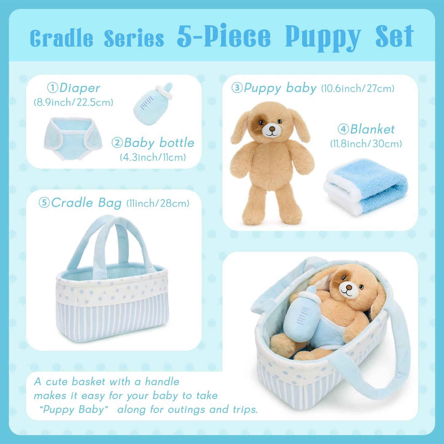 Adorable plush dog toy gift set for kids with basket accessories