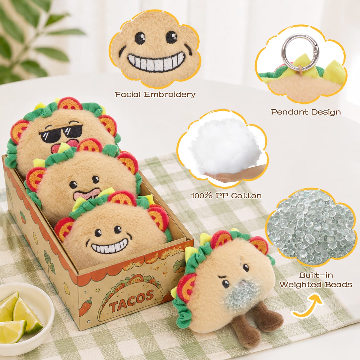 Funny emotional support taco stuffed animal keychain with playful tongue-out face, soft plush bag charm for taco lovers and gift giving.