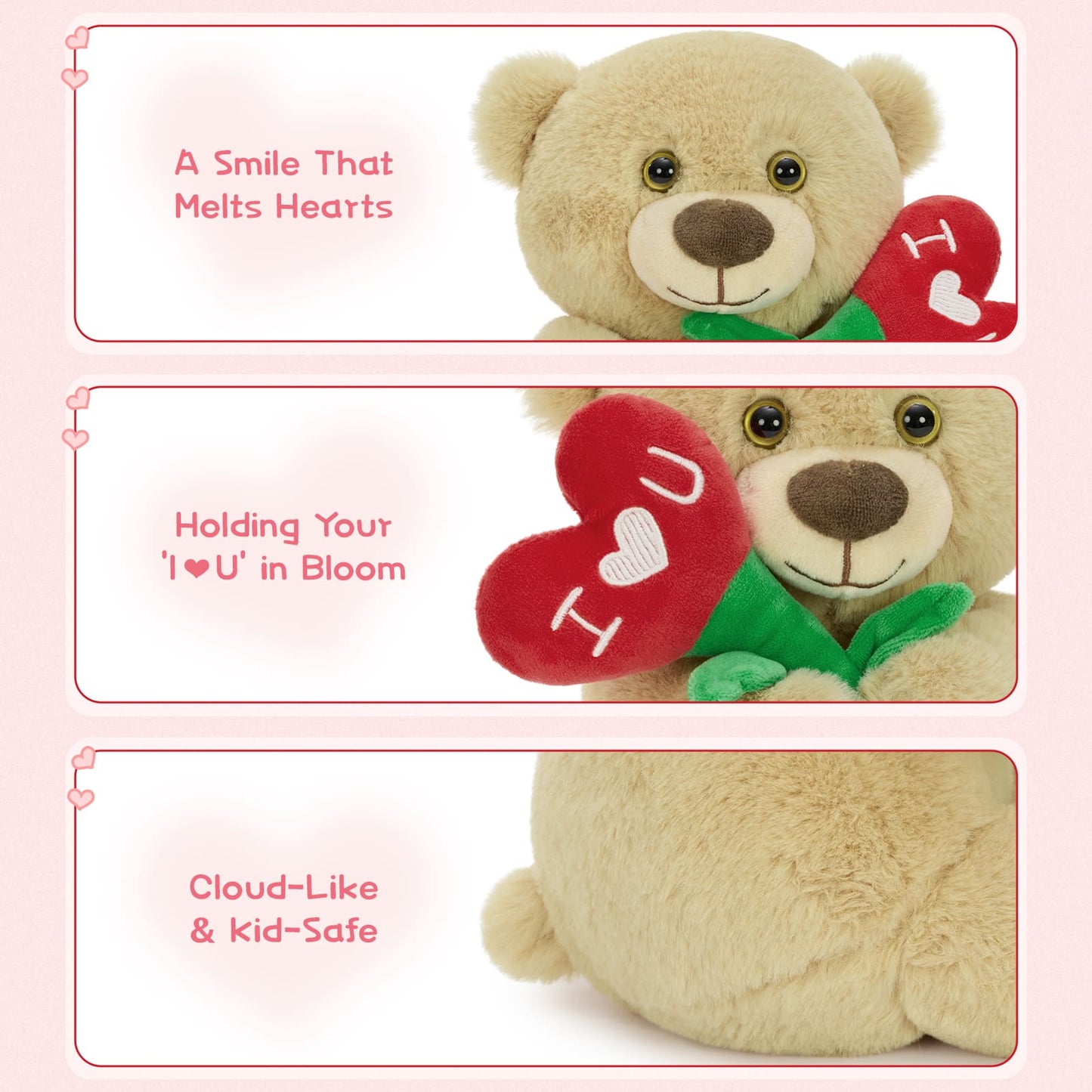 Cute teddy bear holding red heart flower with I love you text, soft plush teddy bear romantic gift for Valentine’s Day, anniversary, and special occasions