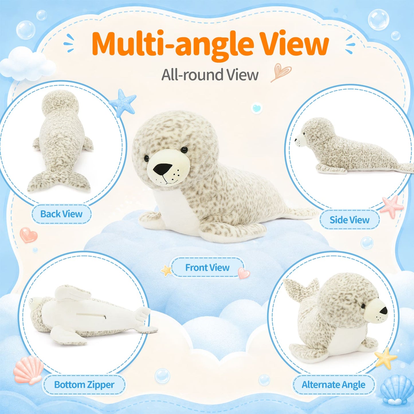 Large giant seal stuffed animal plush pillow for kids, soft cuddly oversized plush toy designed for hugging, sleeping, playtime, and cozy bedroom decor