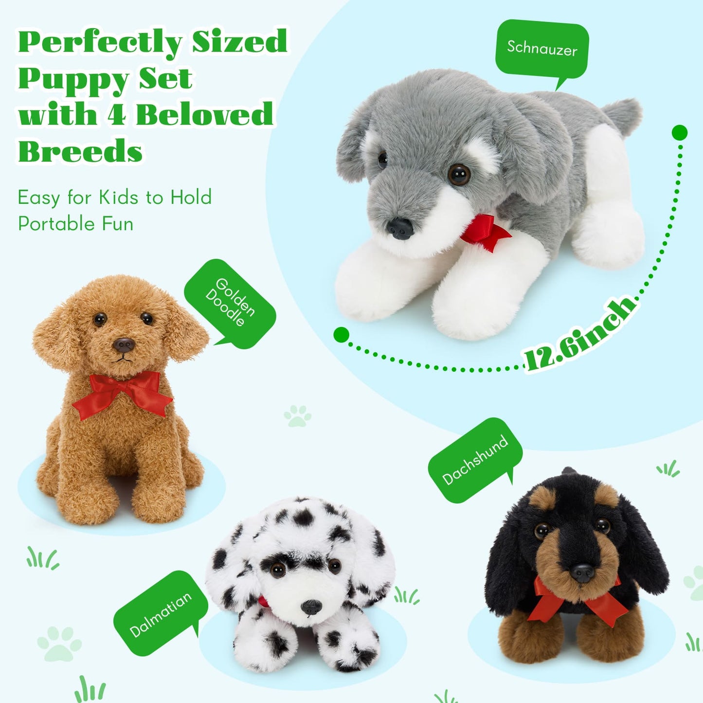 Multi breed dog plush set including black lab, poodle, and schnauzer stuffed toys