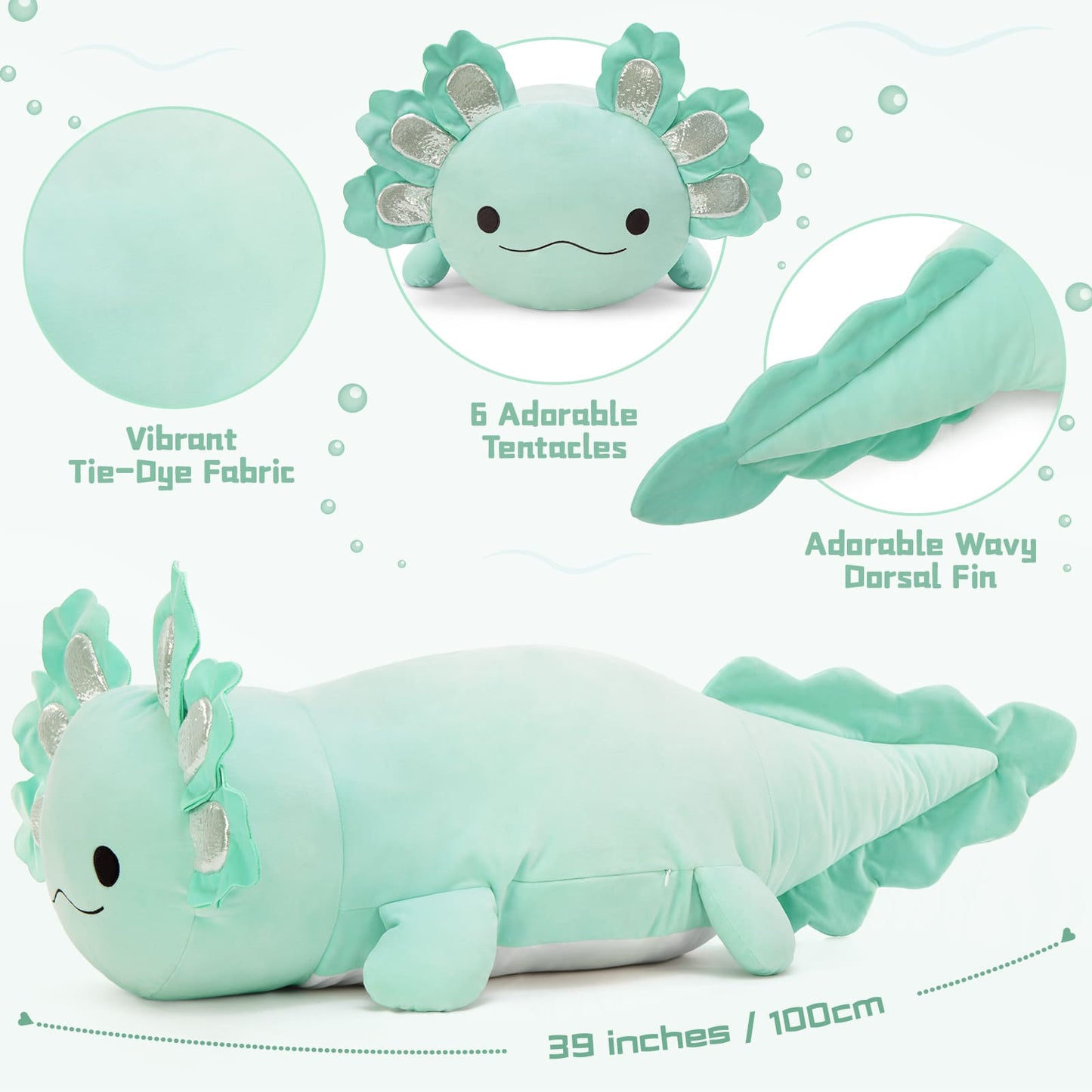 39-inch Mint Green Axolotl Plush Toys - Big Axolotl Stuffed Animals - Squishy Sofa Throw Pillows - Christmas Birthday Gift for Friends
