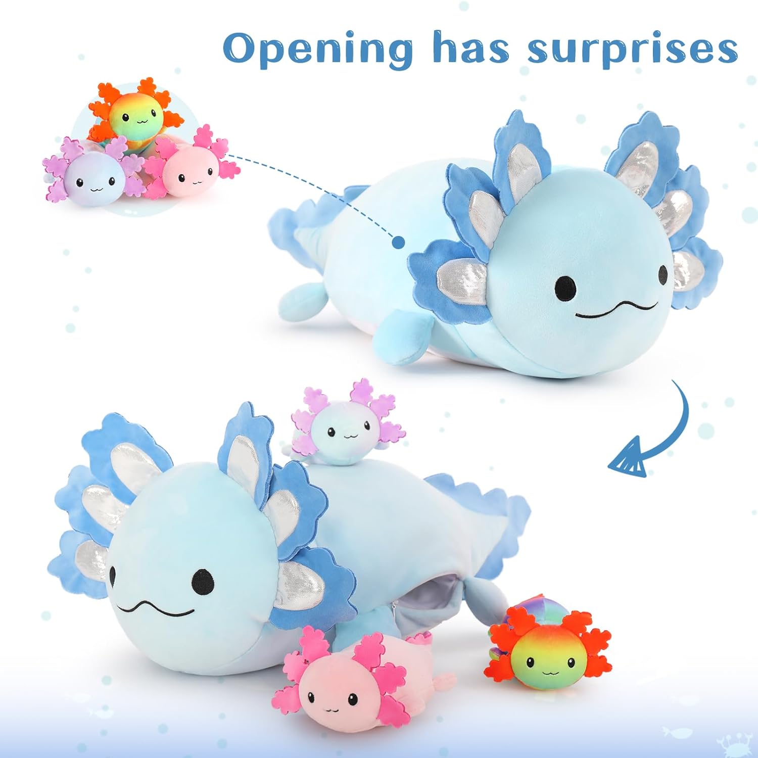 Peluche Axolotl avec 3 bébés, 23,5 pouces