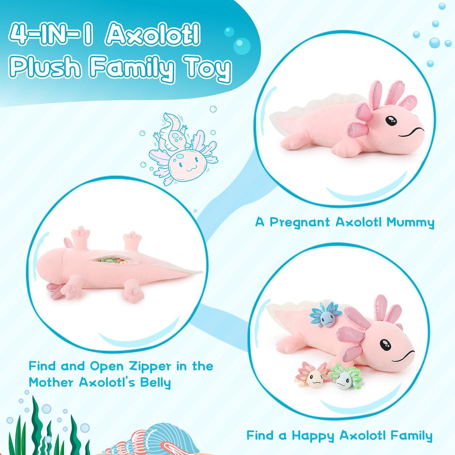 Axolotl Stuffed Animals with Babies Inside The Belly, 31.5 Inches
