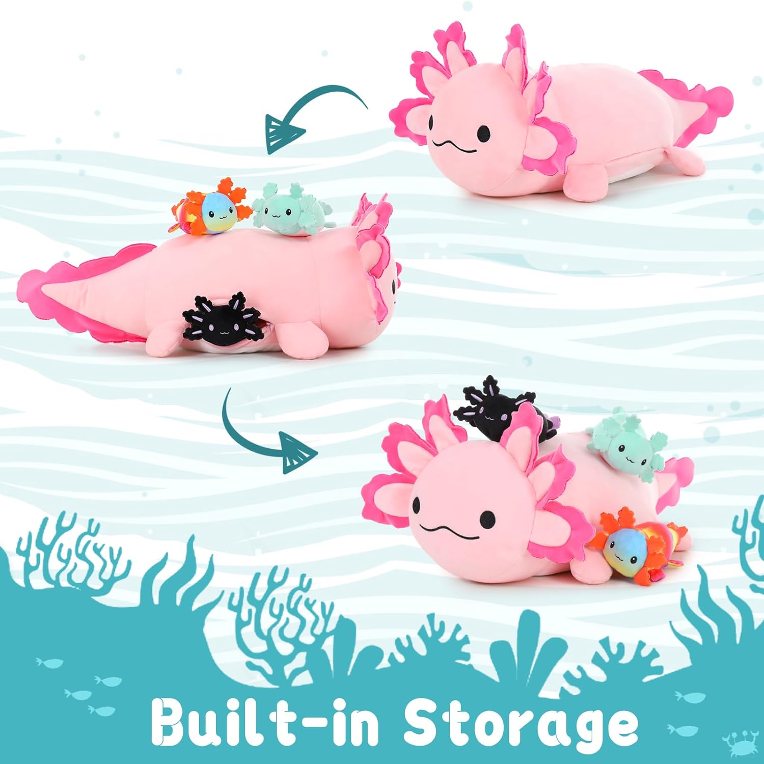 Peluche Axolotl avec 3 bébés, 23,5 pouces