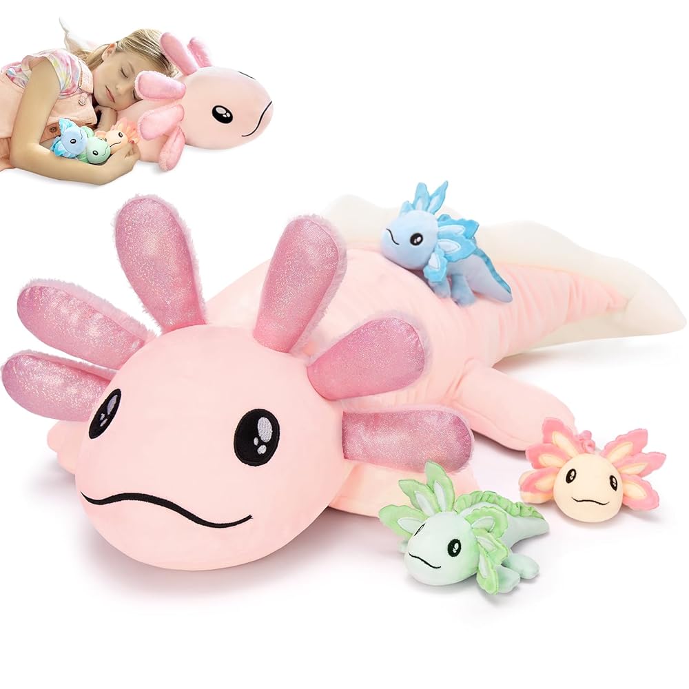 Axolotl Plushie with 3 Babies Stuffed Toys, 31.5 Inches - MorisMos Plush Toys
