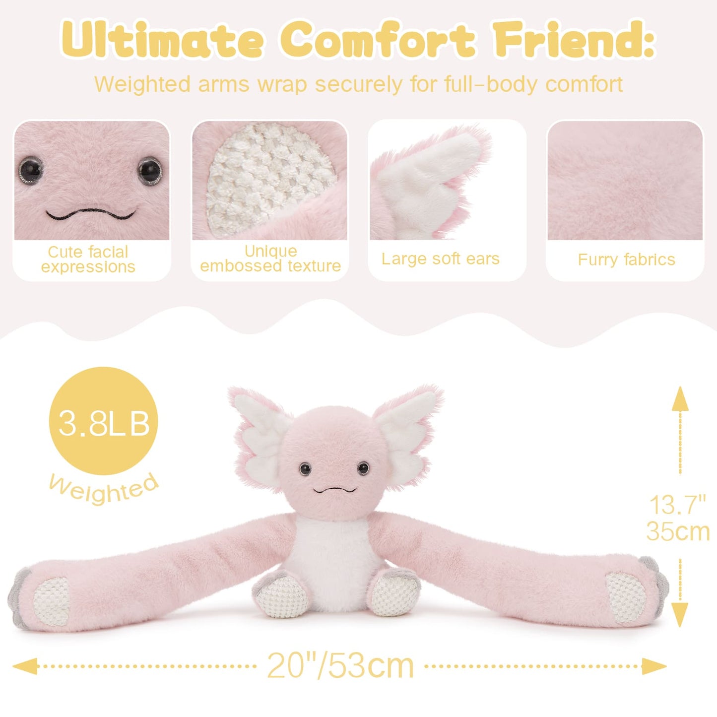 Axolotl Wighted Stuffed Animals for Kids, Adults - 20 Inches Long Plush Arms for Hugs - 3.8 LBS Axolotl Stuffed Animal Plushies - Ultra Squishy Body Pillows - Long Arm Plushie Neck Pillow for Sofa, Bed - Gift for Kids, Teens, Adults