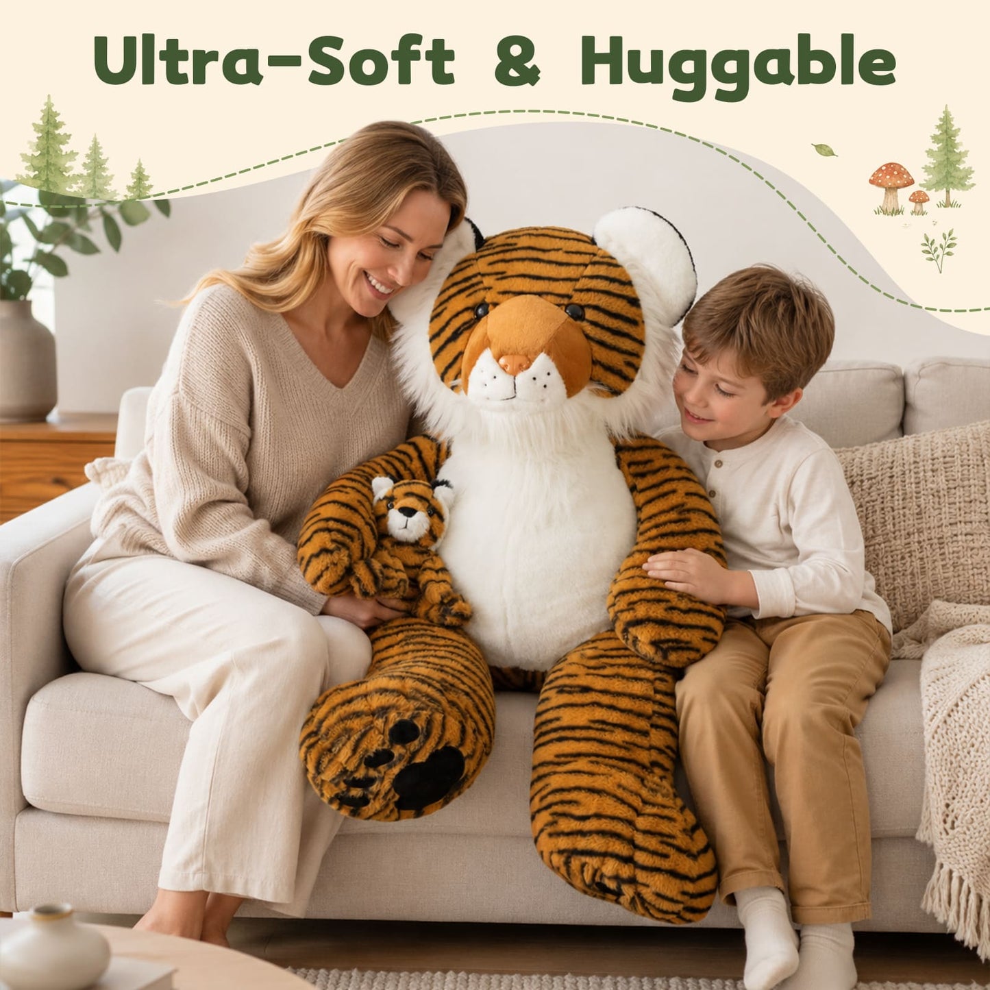 Premium mom and baby tiger plush toy set featuring lifelike details, fluffy white fur, and oversized paws