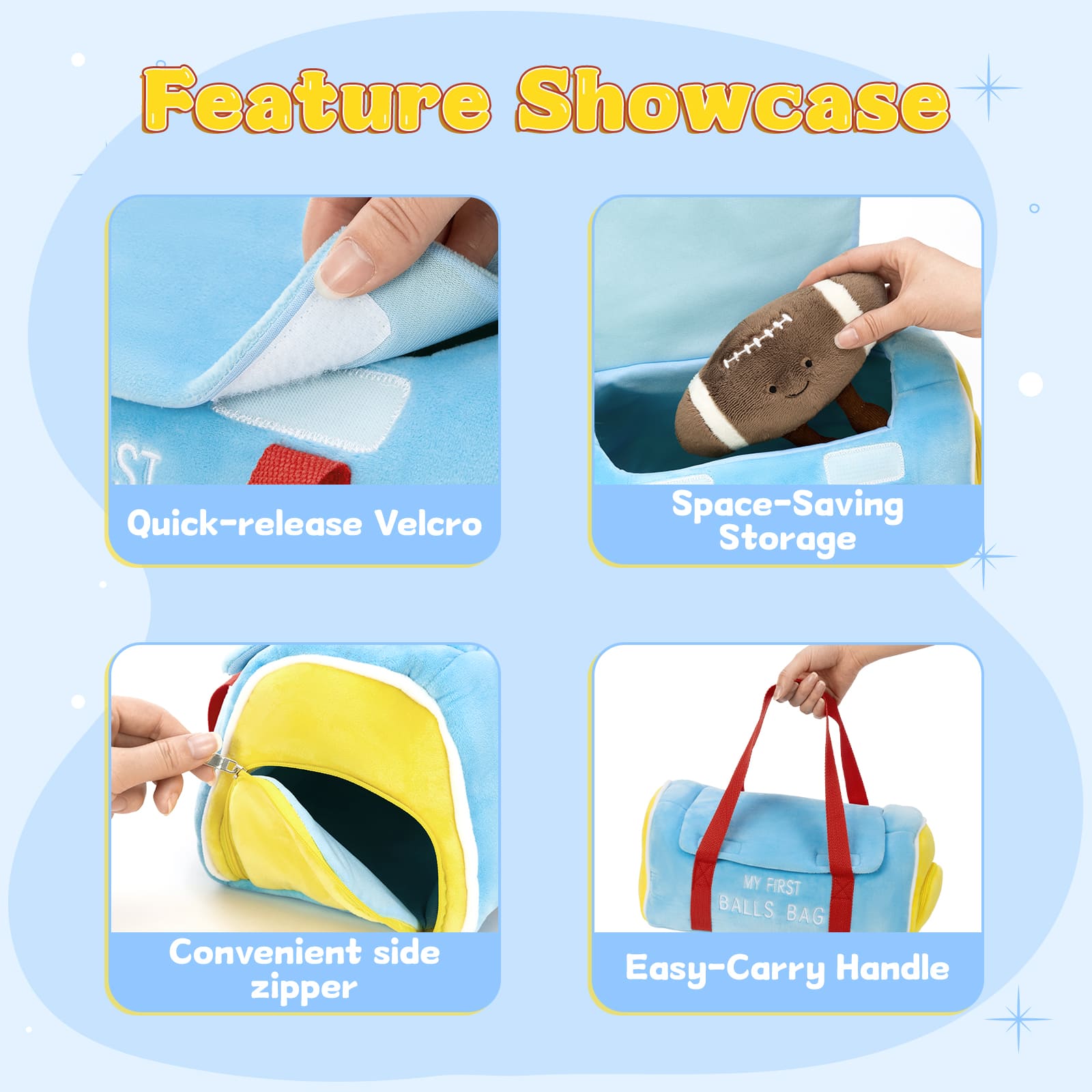 Soft Balls Bag with Soccer, Baseball, Football & Basketball Stuffed Toys