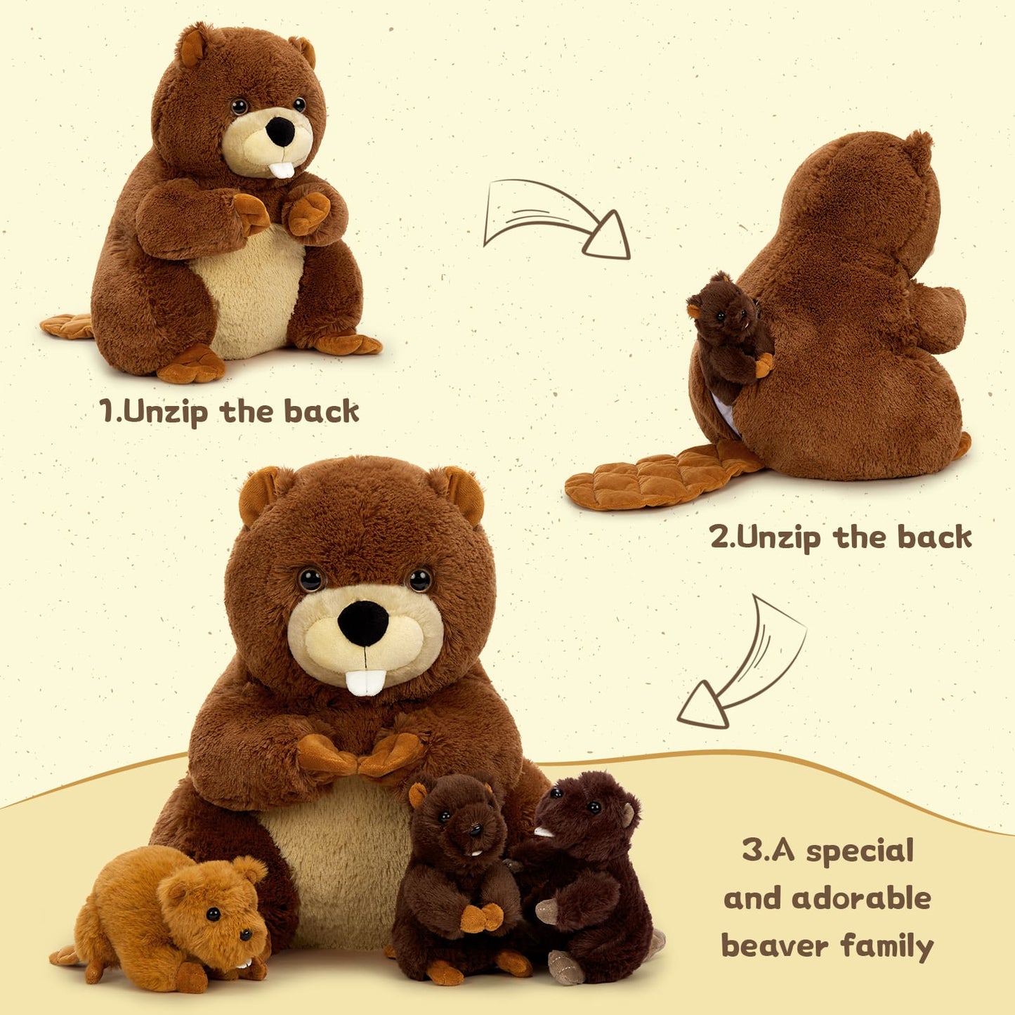4 Pcs Beaver Stuffed Animals, Dark Brown, 14.96 Inches