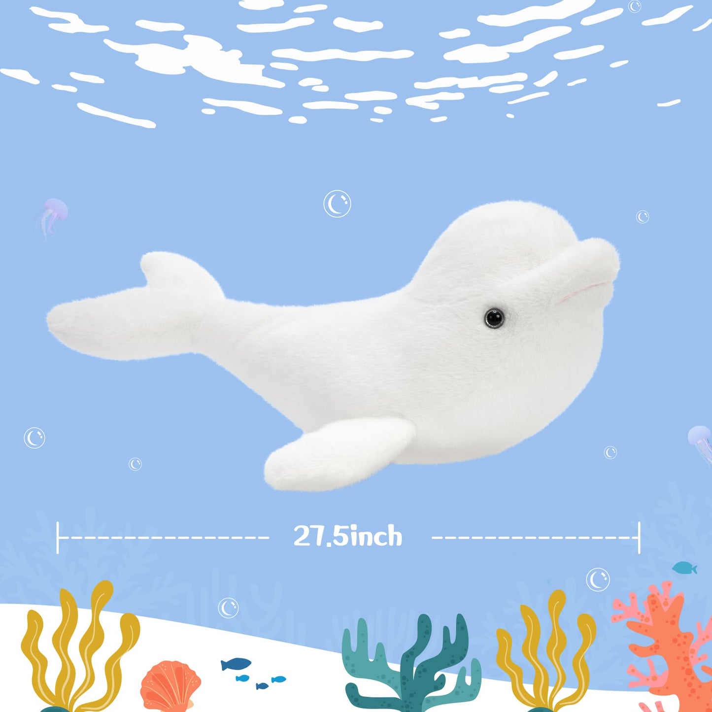 Large Beluga Whale stuffed animal, ultra-soft 27.5-inch plush toy, lifelike ocean-themed whale for hugging and decor.