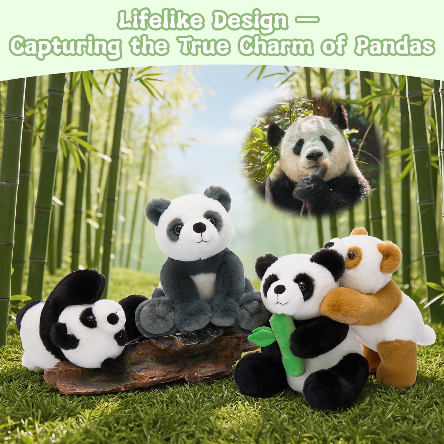 4 pcs panda stuffed animal set with ultra soft cuddly finish featuring adorable panda designs in different colors ideal for gifting collecting and providing comfort for kids and plush toy fans