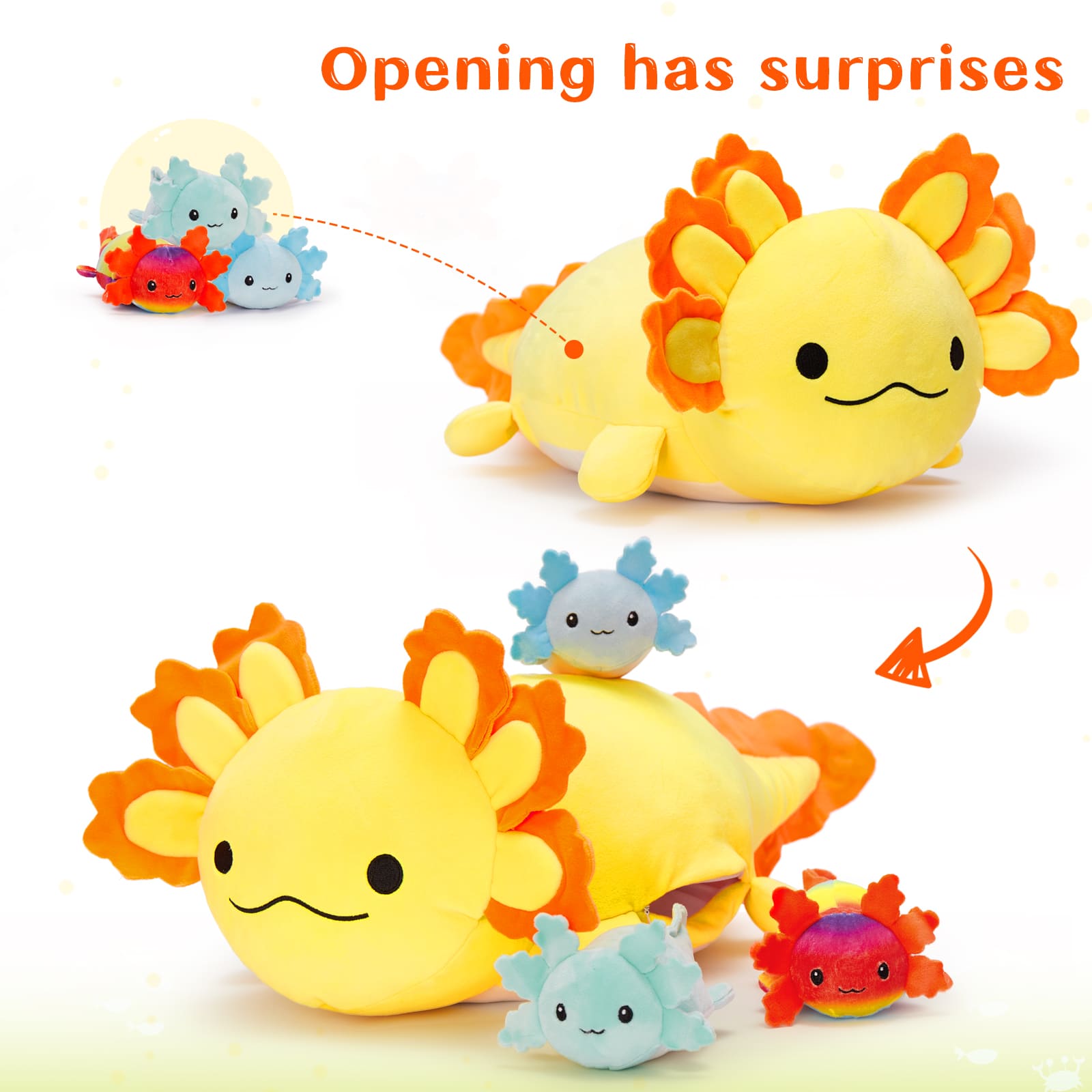Peluche Axolotl avec 3 bébés, 23,5 pouces