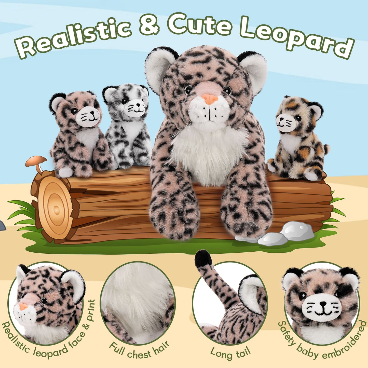 Jungle Leopard Stuffed Animals - Cheetah Plush Toys - 4 Pcs Leopard Stuffed Animals - Realistic Cheetah Plush Dolls - Jungle/Safari/Forest Cute Cartoon Plush Pillows for Kids - Christmas/Birthday Gift for Kids