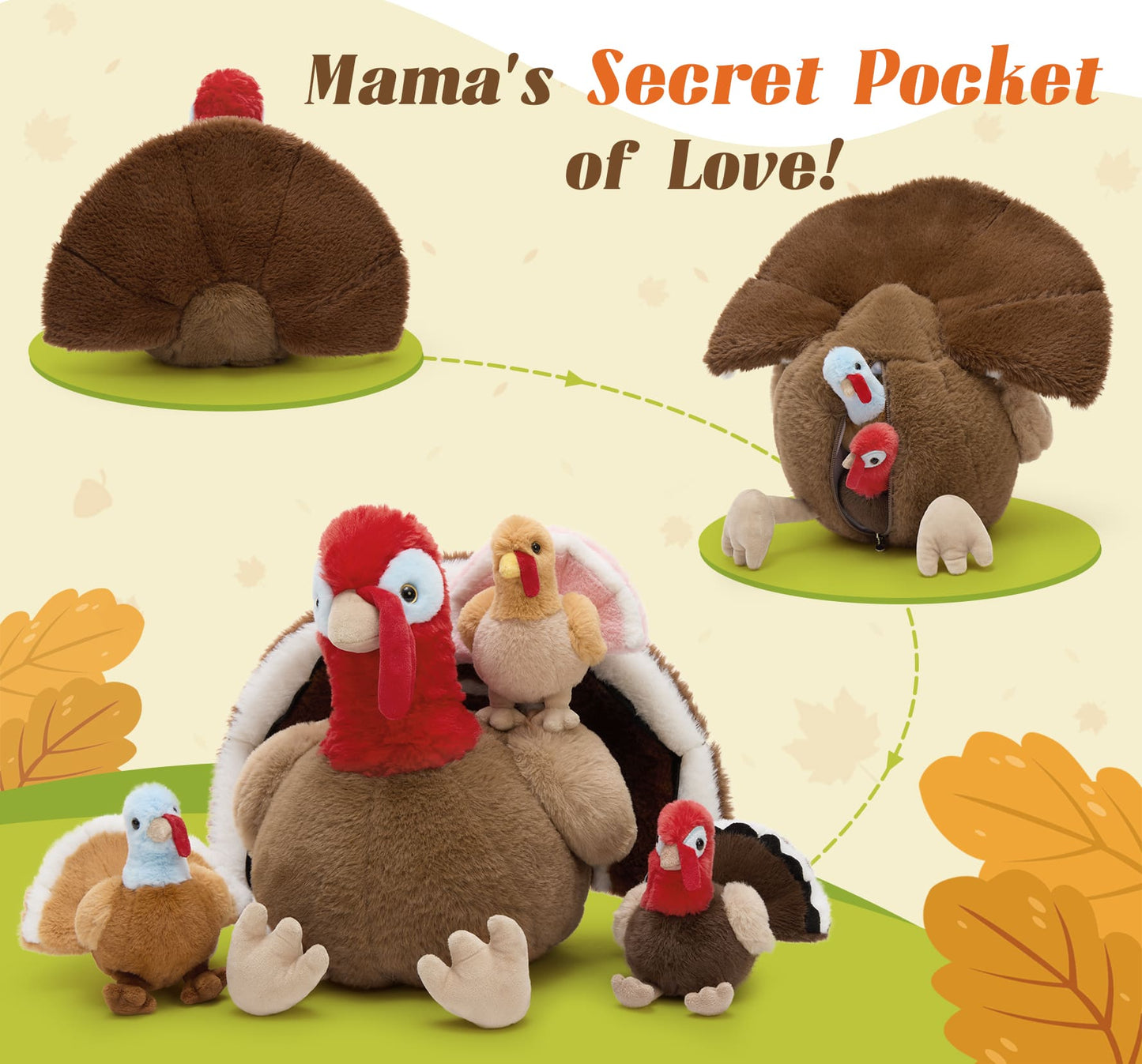 Turkey Squad plush set with one large turkey and three small baby turkey stuffed toys, soft and cuddly, perfect for Thanksgiving or gift giving.
