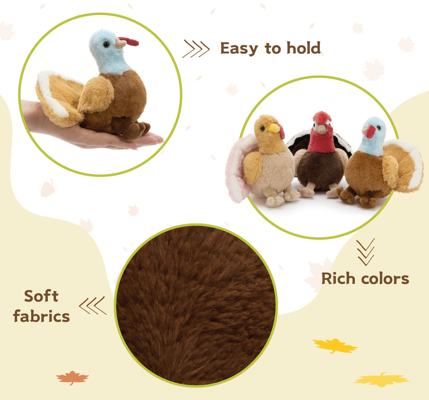 Turkey Squad plush set with one large turkey and three small baby turkey stuffed toys, soft and cuddly, perfect for Thanksgiving or gift giving.