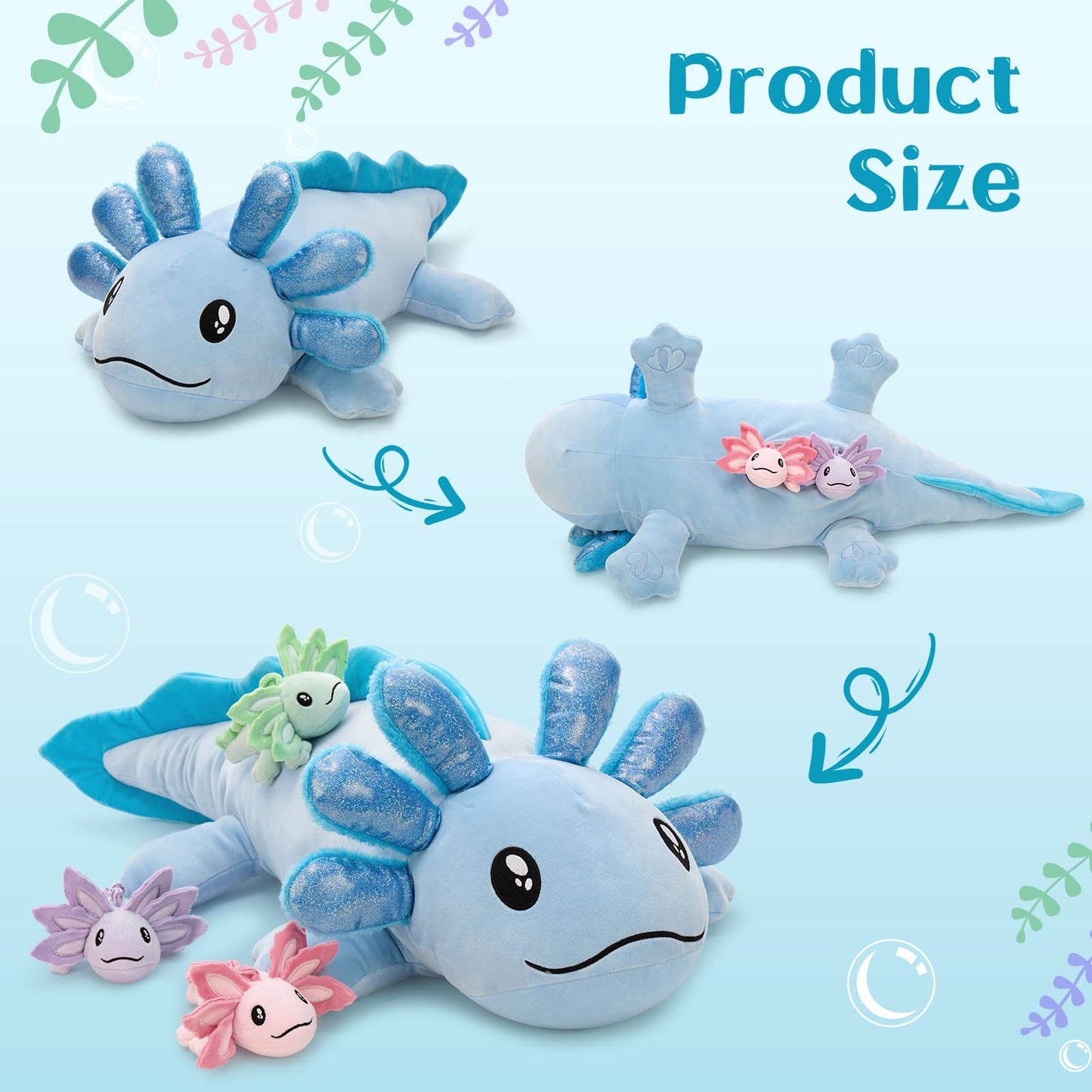Axolotl Stuffed Animals with Babies Inside The Belly, Blue, 31.5 Inches