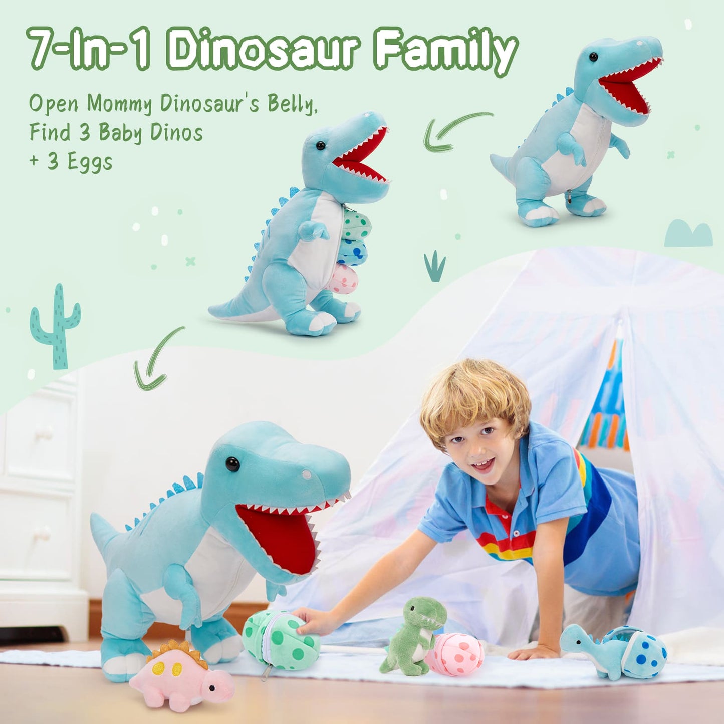 Dinosaur Stuffed Toy with 3 Baby Dinosaurs, Green/Pink/Grey, 23.6 Inches