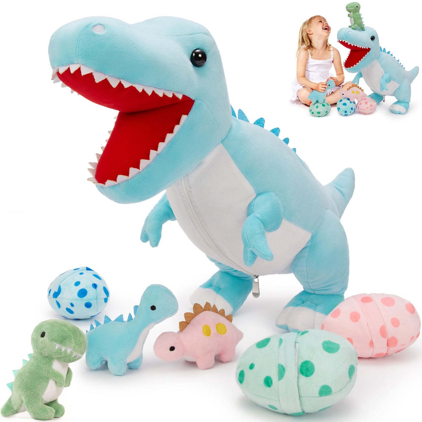 Set of plush dinosaur toys with a large blue dinosaur toy in the foreground.