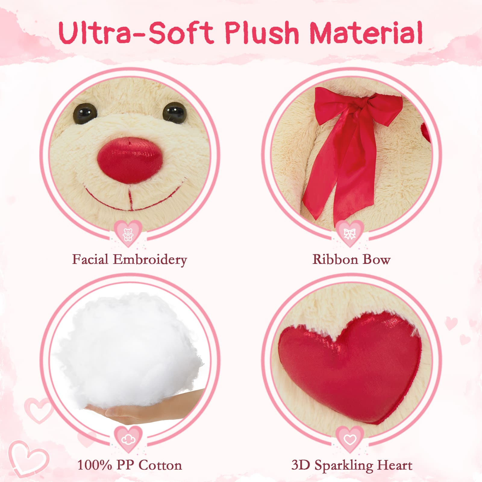 Giant Teddy Bear Plush with Red Heart & Bow, Brown/White, 47 Inches