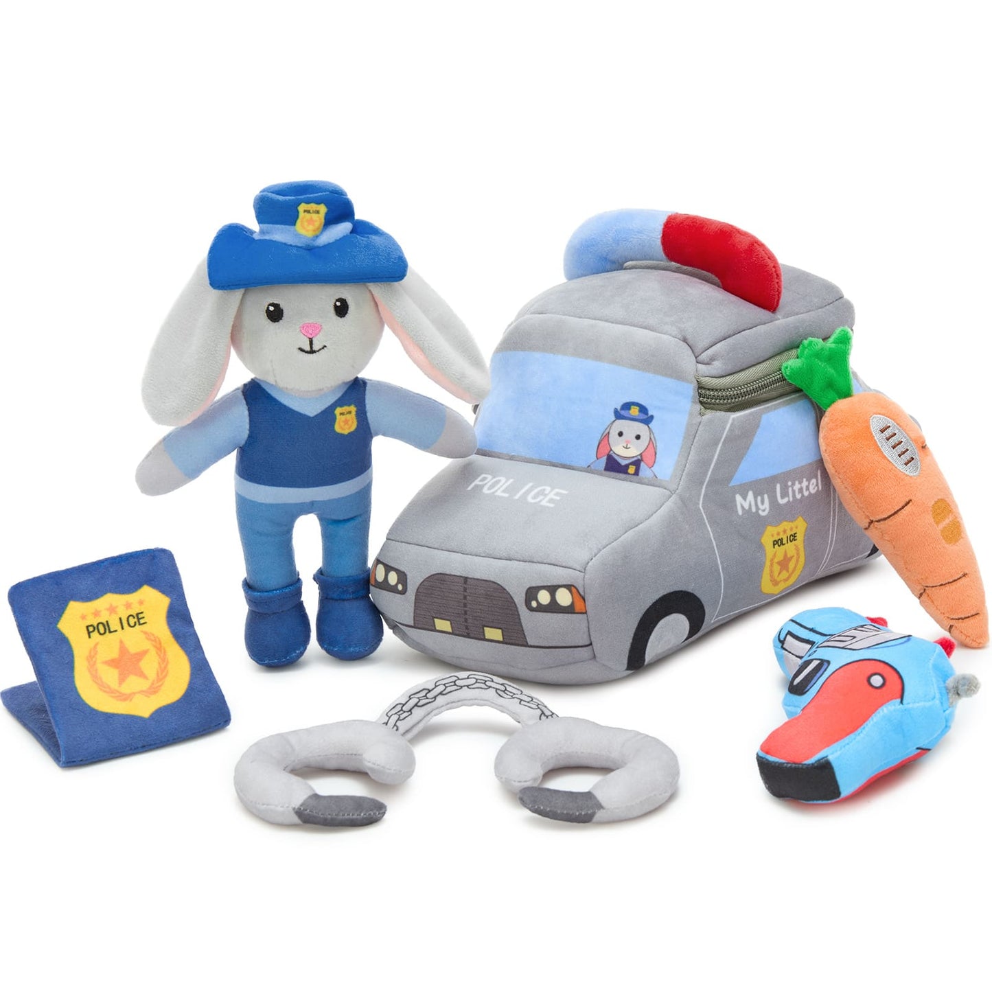 Plush police bunny playset with soft police car carrying bag, bunny officer doll, plush badge, handcuffs, carrot, and mini vehicle toy for kids pretend play.