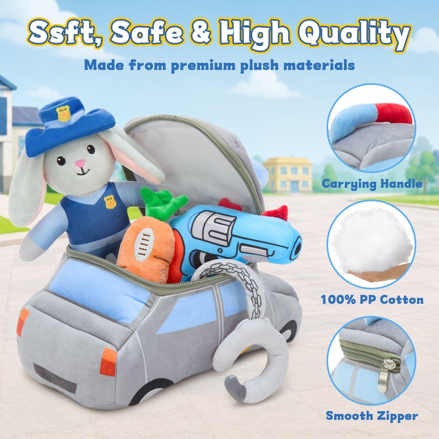 Soft plush police car toy set with bunny doll, badge, handcuffs, carrot, and mini car accessory designed for children’s creative storytelling and gift giving.