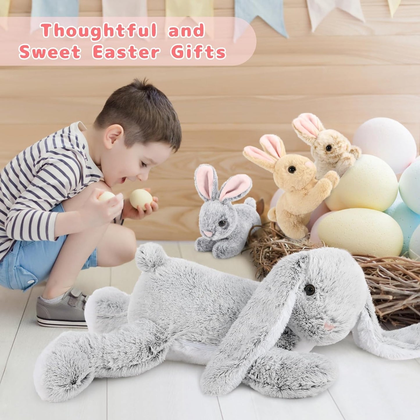 Cute Bunny Plush Toy Set, 24 Inches - Stuffed Animal Babies with Their Mom - Cute Rabbie Plush Toys for Children - Stuffed Animal with Babies in Belly - Christmas Birthday Easter Gift for Kids Teens Adults