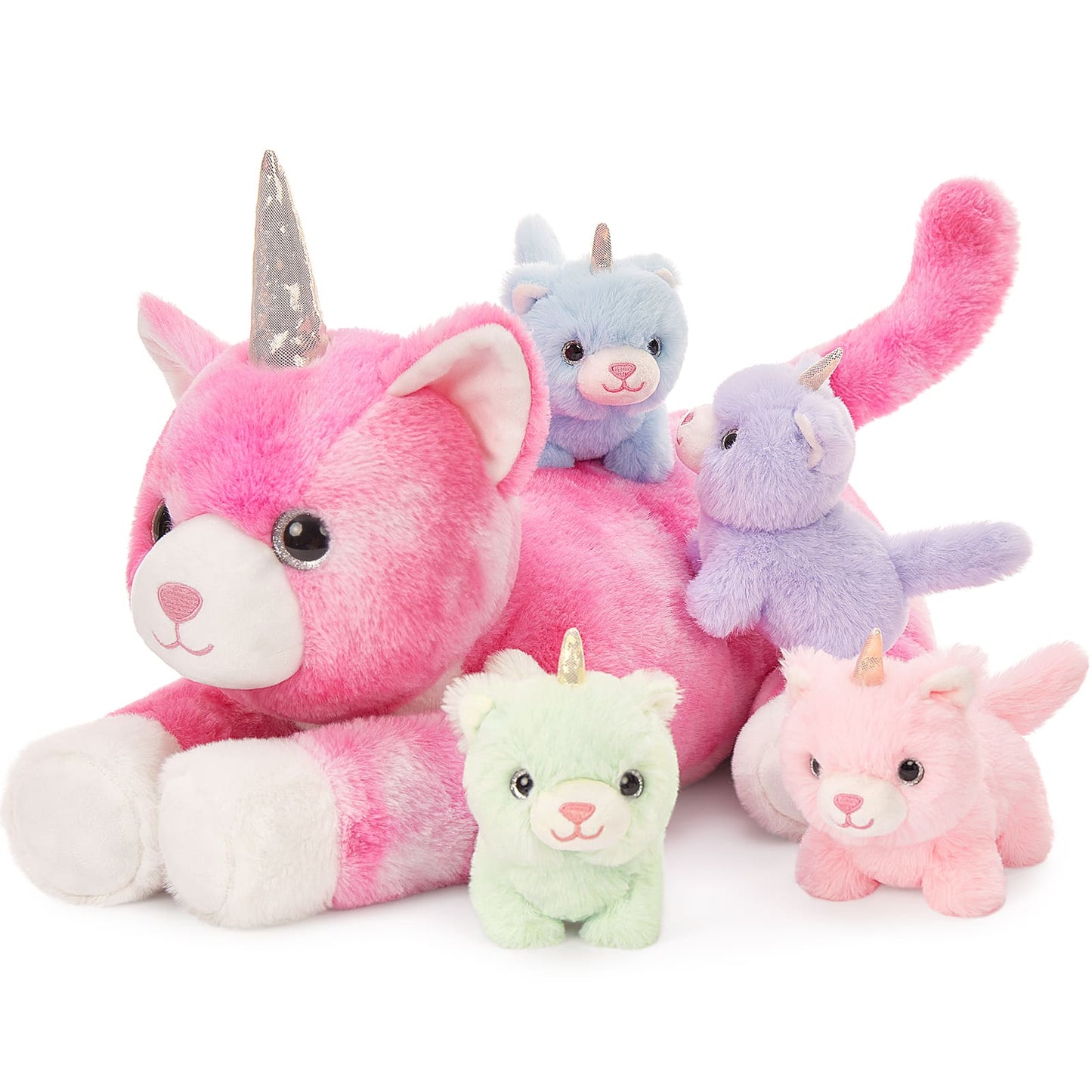 MorisMos Unicorn Cat Plushie - Mommy Cat Unicorn with 4 Baby Kittens - Magical Cat Pink Pillow Plushies for Girls Ages 3-8 - Big Unicorn Stuffed Animals - Ideal Christmas Gift for Girls - Baby Stuffed Animals with Their Mom
