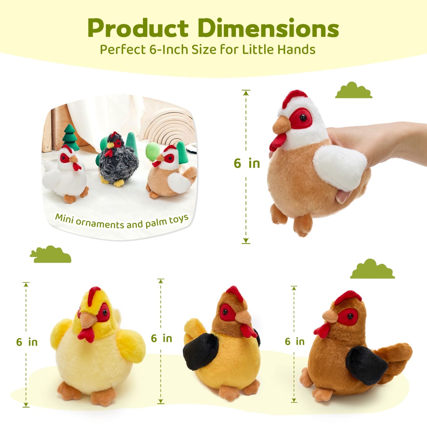 Cute chicken stuffed animal set with six soft plush chicken toys including yellow chick, white hen, brown hen and farm animal plush toys for children, collectors and farm themed gifts