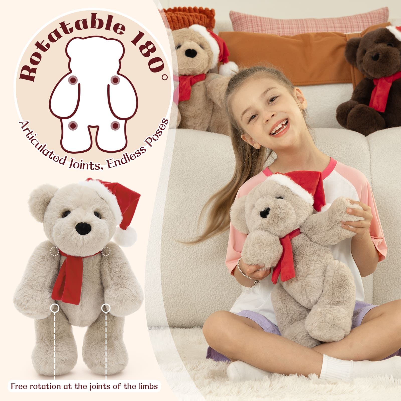 Christmas Teddy Bear Plush Toy, Brown/Dark Brown/White, 13.78 Inches