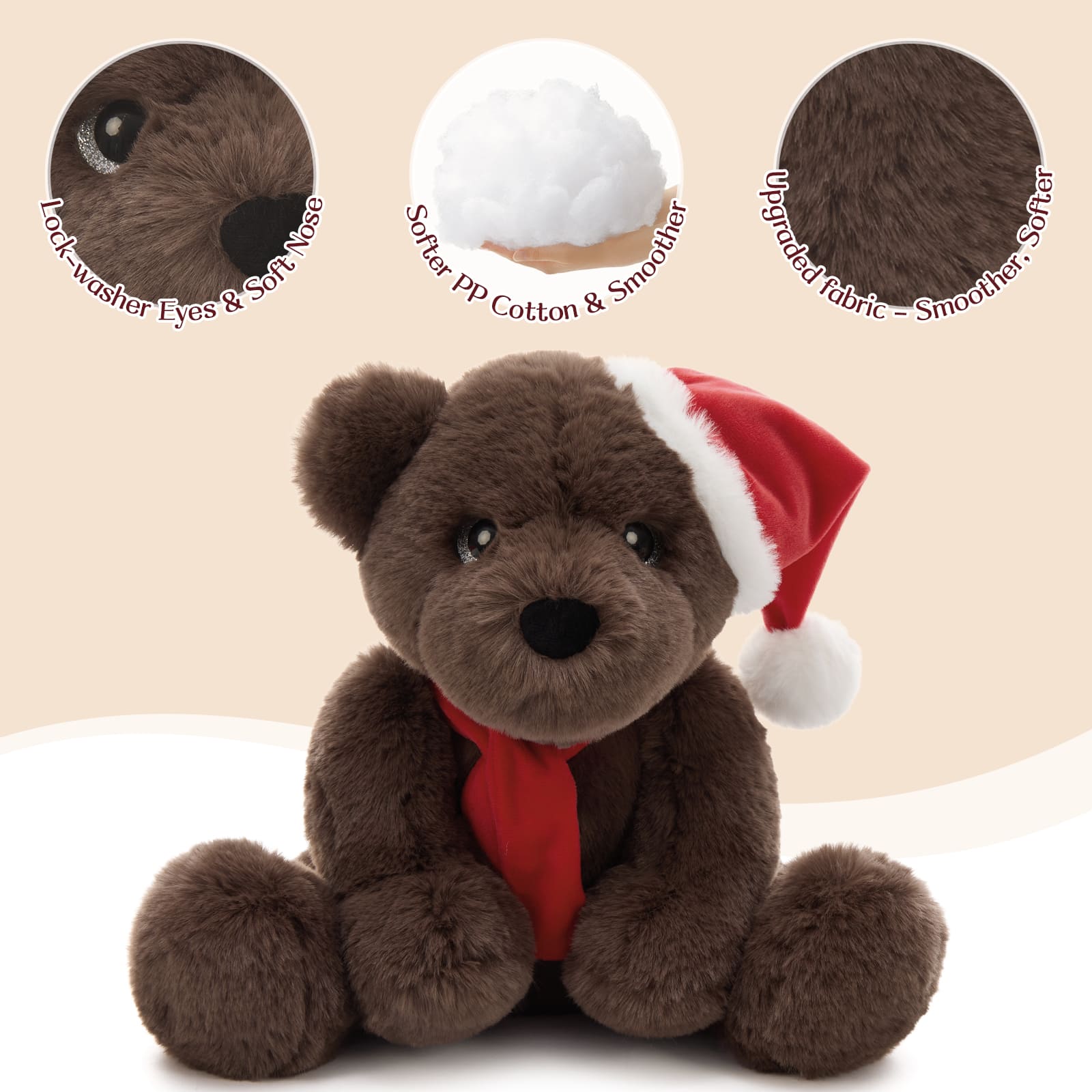 Christmas Teddy Bear Plush Toy, Brown/Dark Brown/White, 13.78 Inches