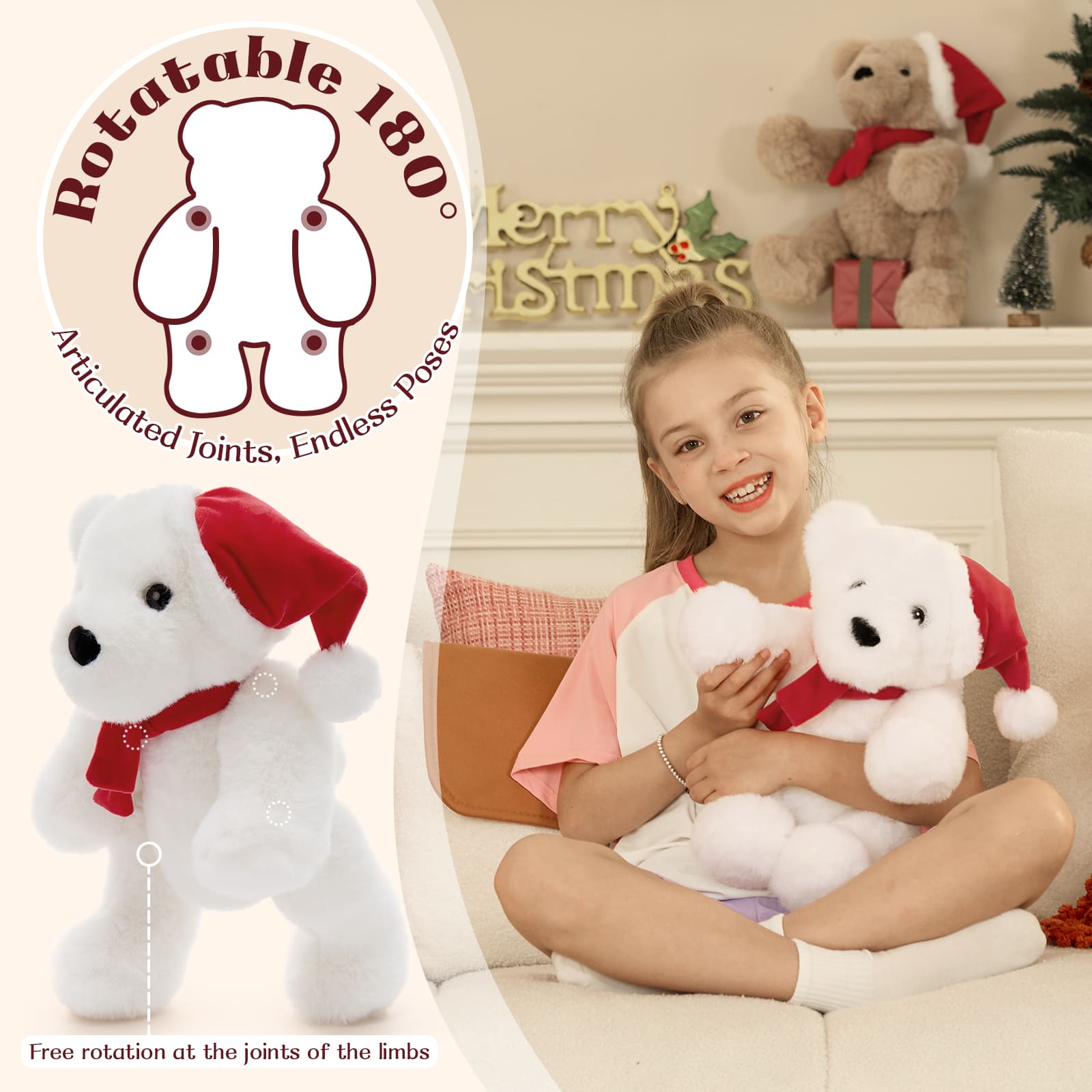 Christmas Teddy Bear Plush Toy, Brown/Dark Brown/White, 13.78 Inches