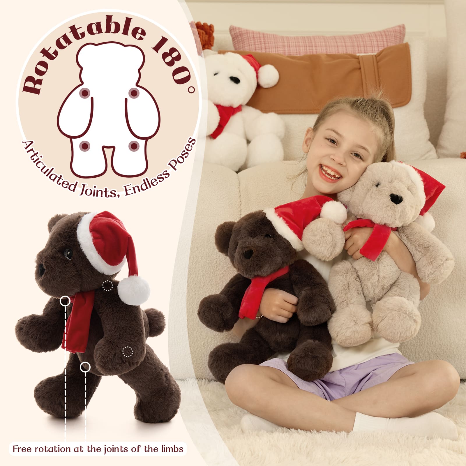 Christmas Teddy Bear Plush Toy, Brown/Dark Brown/White, 13.78 Inches