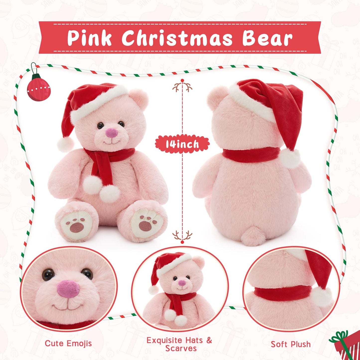 Christmas Teddy Bear Plush Toys - 14 Inches Pink Xmas Teddy Bear - Christmas Present for All Ages