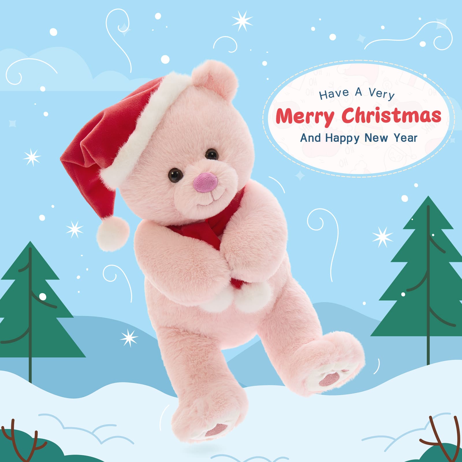 Christmas Teddy Bear Plush Toys, Brown/Pink, 14 Inches