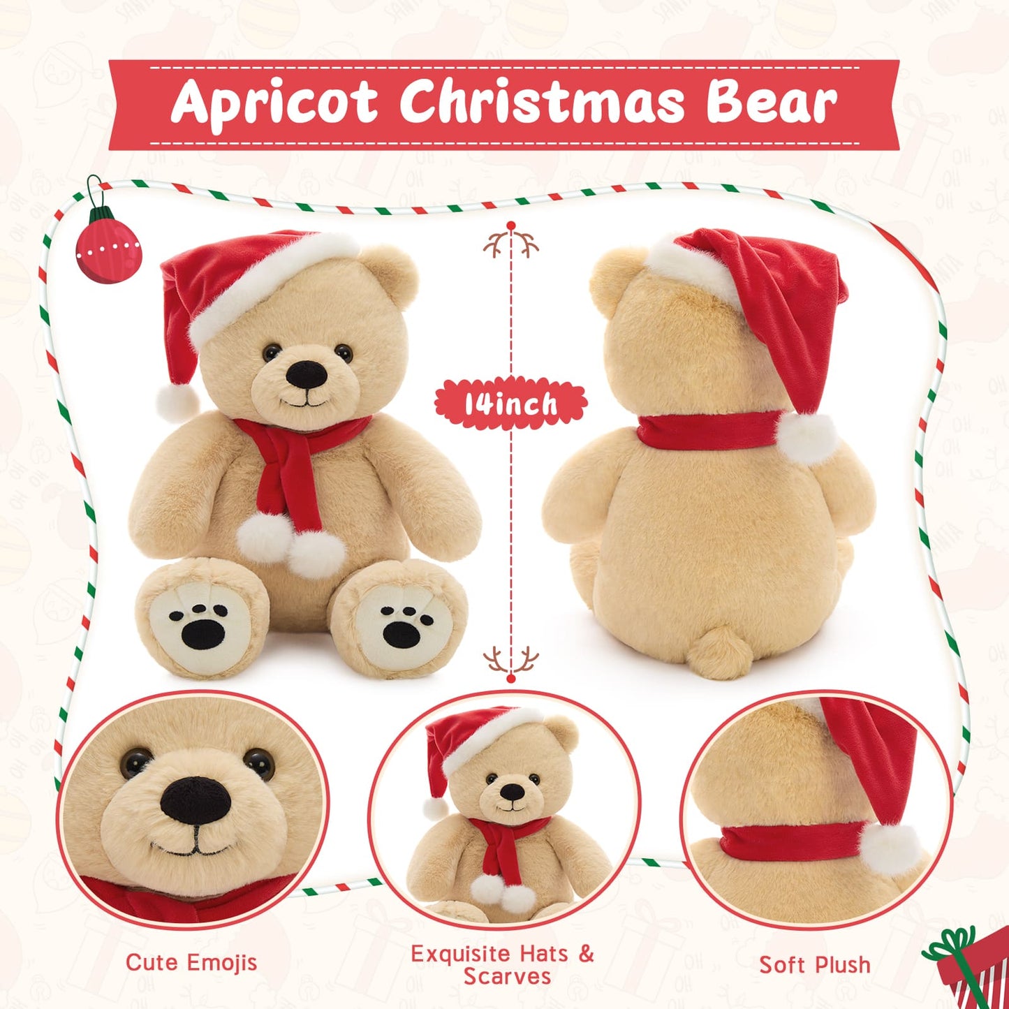 Christmas Teddy Bear Plush Toys - 14 Inches Brown Xmas Teddy Bear - Christmas Present for All Ages