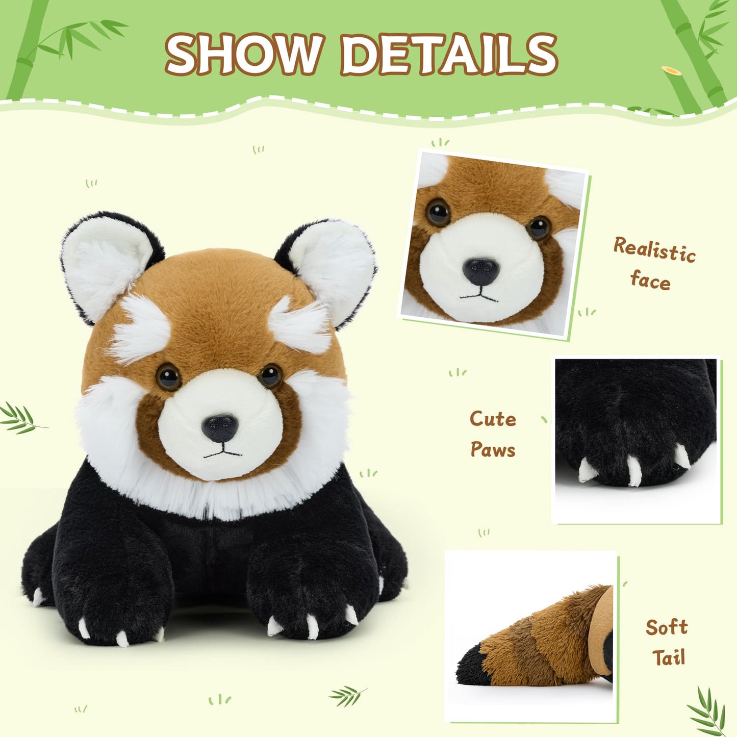 Plush toy red panda with close-up details on a green background